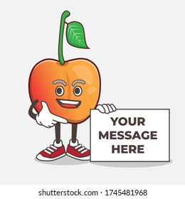 An illustration of Royal Ann Cherry cartoon mascot character holding a board sign message