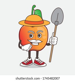 An illustration of Royal Ann Cherry cartoon mascot character with hat and farmer tools