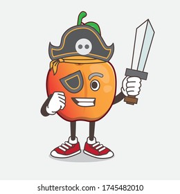 An illustration of Royal Ann Cherry cartoon mascot character in pirate style and wearing hat and sword