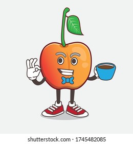 An illustration of Royal Ann Cherry cartoon mascot character with a cup of coffee