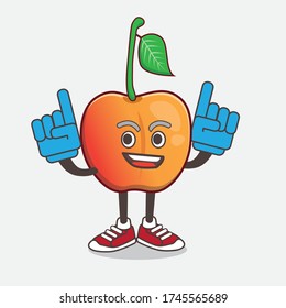 An illustration of Royal Ann Cherry cartoon mascot character holding two Foam finger