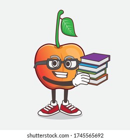 Eine Illustration des Maskottchens Royal Ann Cherry, das mit einigen Büchern studiert