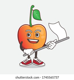 An illustration of Royal Ann Cherry cartoon mascot character waving a flag