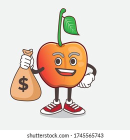 An illustration of Royal Ann Cherry cartoon mascot character holding money bags