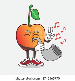 An illustration of Royal Ann Cherry cartoon mascot character playing music with trumpet