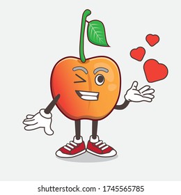 An illustration of Royal Ann Cherry cartoon mascot character teasing with heart kiss