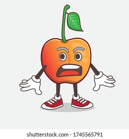 An illustration of Royal Ann Cherry cartoon mascot character with a surprised gesture