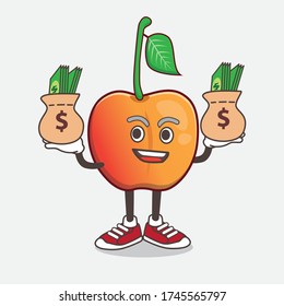 An illustration of Royal Ann Cherry cartoon mascot character with money on hands