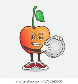 An illustration of Royal Ann Cherry cartoon mascot character holding a silver coin medal