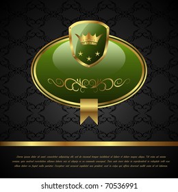 Illustration royal background with golden frame, shield, crown - vector
