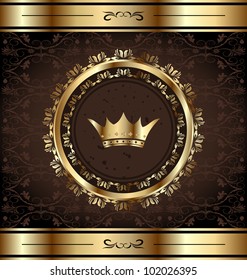 Illustration royal background with golden ornate frame and heraldic crown - vector