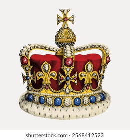 Illustration of a royal crown with jewels. The crown features gold, red, and blue jewels. Royal crown with intricate jewels and gold details. Vintage art drawing illustration, painting art vector.