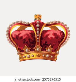 Illustration of a royal crown with red velvet and gold accents. The crown features pearls and jewels, symbolizing royalty and elegance. Regal crown design. Isolated vintage vector element.