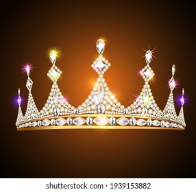 Illustration royal shiny gold crown with precious stones and jewelry