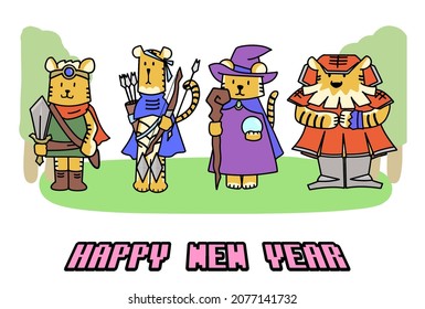 Illustration of an RPG-style tiger party celebrating the New Year