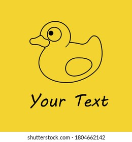 An illustration with a rubber duck outline on yellow background. Logo concept.Greeting and business card.