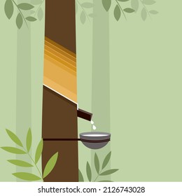 Illustration of a rubber tree with its latex is tapped in a cup