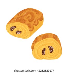 Illustration of ruddy chocolatin, front and side view from different angles, french pastries, bun with chocolate.