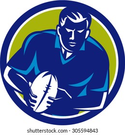 Illustration of a rugby player with ball running passing viewed from front set inside circle on isolated background done in retro style.