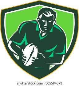 Illustration of a rugby player with ball running passing viewed from front set inside shield crest on isolated background done in retro style.