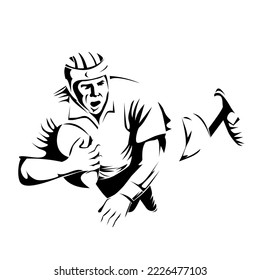 Illustration of a rugby player diving to score a try on isolated background done retro style