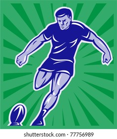 illustration of a rugby player kicking ball front view with sunburst in background done in retro style