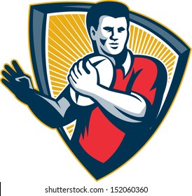 Illustration of a rugby player running with the ball set inside crest shield done in retro style.