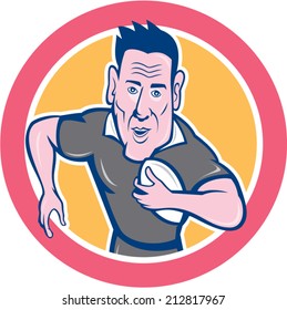 Illustration of a rugby player running with the ball charging viewed from front done in cartoon style on isolated background.