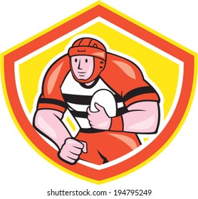 Illustration of a rugby player running charging standing holding rugby ball set inside shield crest done in cartoon style on isolated background.