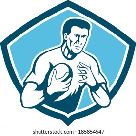 Illustration of a rugby player running passing the ball set inside shield crest done in cartoon style on isolated background.