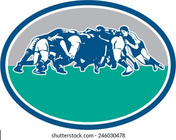 Illustration of rugby union players in a scrum set inside oval with done in retro style.