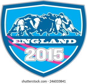 Illustration of rugby union players in a scrum set inside shield with words England 2015 done in retro style.