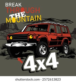 Illustration of a rugged 4x4 breaking through the mountain landscape with bold typography. Adventure and automotive concept, vector illustration
