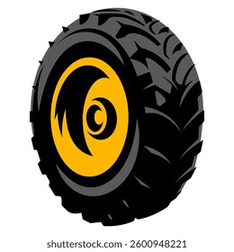 Illustration of a rugged black tire with a yellow inner rim and detailed tread pattern.