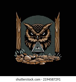 illustration of a rugged forest with owl, a color picture on a black background.