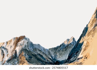 Illustration of rugged mountains with rocky peaks and steep slopes. The mountain landscape features earthy tones and a clear sky, highlighting the rugged terrain. Vintage vector element.