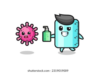 illustration of ruler character chasing evil virus with hand sanitizer , cute style design for t shirt, sticker, logo element