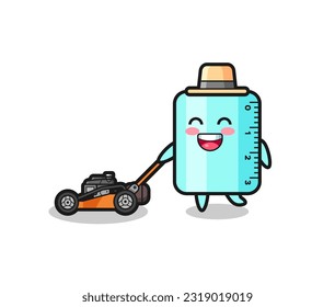 ilustración del personaje de la regla usando cortadora de césped , diseño de estilo lindo para camiseta, pegatina, elemento logotipo