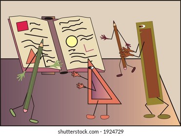 Illustration of ruler, triangle and pencils dancing around table