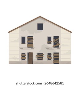 Uma ilustração de uma casa degradada que está em mau estado de conservação, com janelas embutidas e paredes desbotadas. Essa imagem vetorial transmite a essência do abandono e da desolação.
