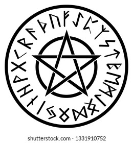 Illustration of the runic alphabet and the pentagram in a circle.