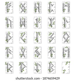 Illustration of a runic set in mythology, a drawing on a separate white background, mystical signs of a futark, talismans of the Scandinavian culture, an ancient divination