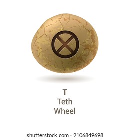 Ilustración de piedra rúnica con letra T, Teth o Wheel del alfabeto fenicio sobre fondo blanco