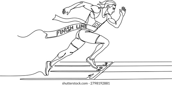 Illustration of runner sprinting toward the finish line, dynamic athletic posture, hand drawn outline vector illustration.