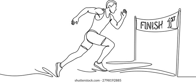 Illustration of runner sprinting toward the finish line, dynamic athletic posture, hand drawn outline vector illustration.