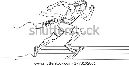 Illustration of runner sprinting toward the finish line, dynamic athletic posture, hand drawn outline vector illustration.