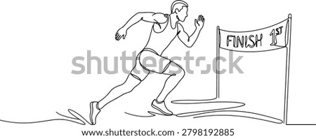 Illustration of runner sprinting toward the finish line, dynamic athletic posture, hand drawn outline vector illustration.