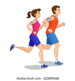 Ilustración de un corredor - pareja corriendo, concepto consciente de la salud. Mujer deportiva y hombre trotando