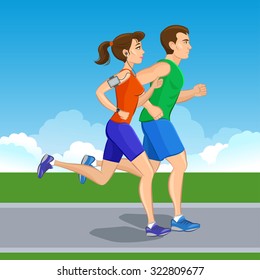 Illustration of a runners - couple running, health conscious concept. Sporty woman and man jogging