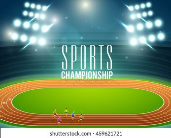 Illustration of runners on running track at shining stadium for Sports Championship concept.